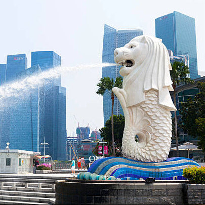 Merlion statue with water喷泉 in front of modern skyscrapers